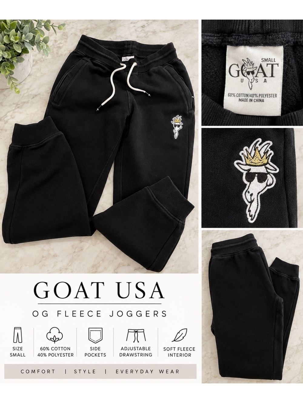 GOAT USA OG Fleece Joggers Black Size Small Embroidered Logo Sweatpants